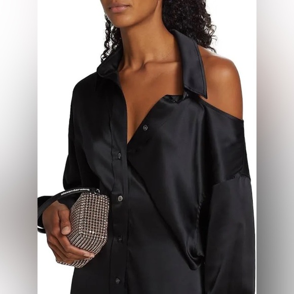 Alexander Wang 100% Silk Black Shirt Dress with Cutout Shoulder- Size 2 - Picture 4 of 12
